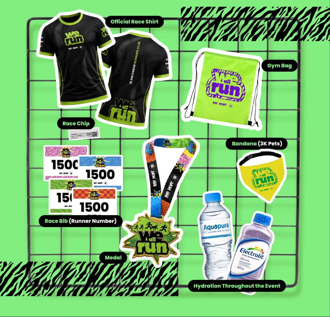 Your free kit: official race shirt, gym bag, race chip, race bib, medal, dog bandana for the pets category and hydration throughout the event.
