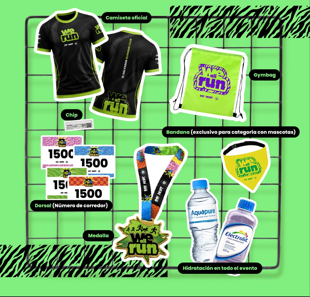 Tu kit gratuito: camiseta oficial, gymbag, chip, dorsal, medalla, bandana para la categoría con mascotas e hidratación durante todo el evento.